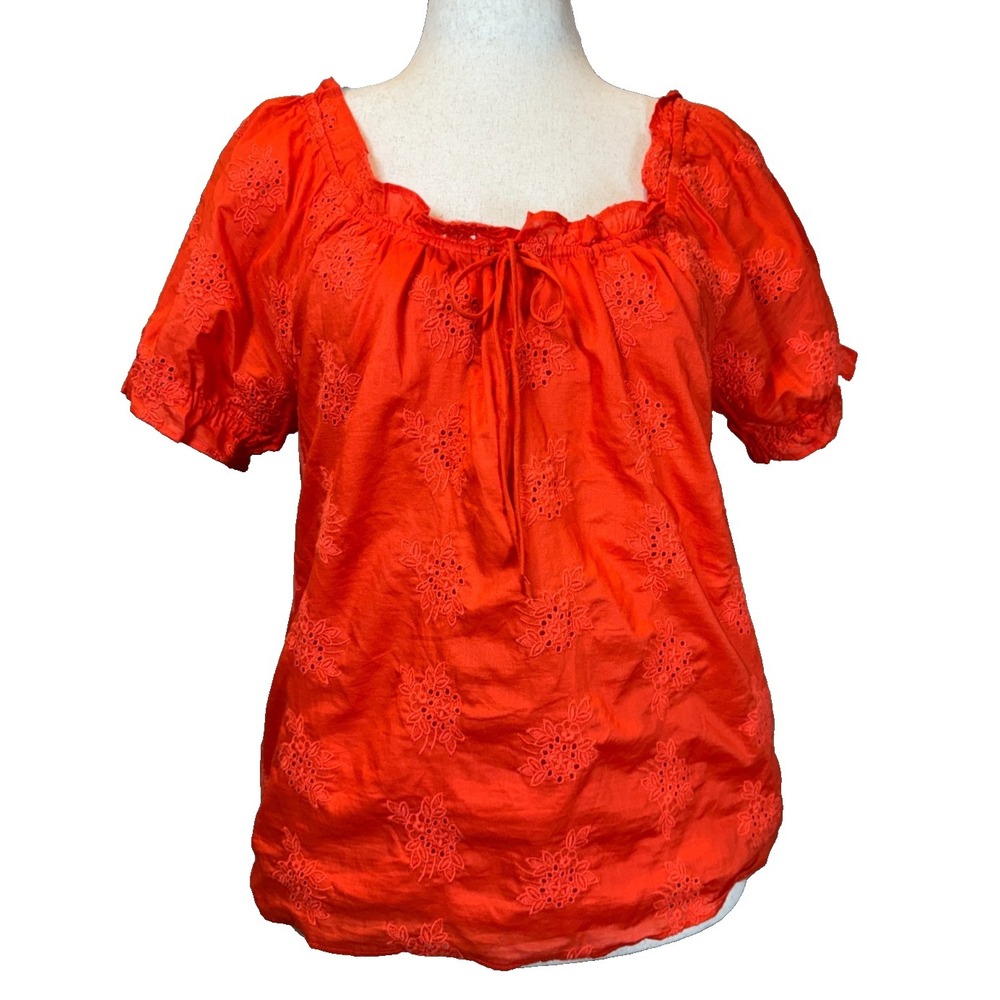 J Crew Square Neck Eyelet Embroidered Blouse Women's M Puff Sleeve Front Tie NWT